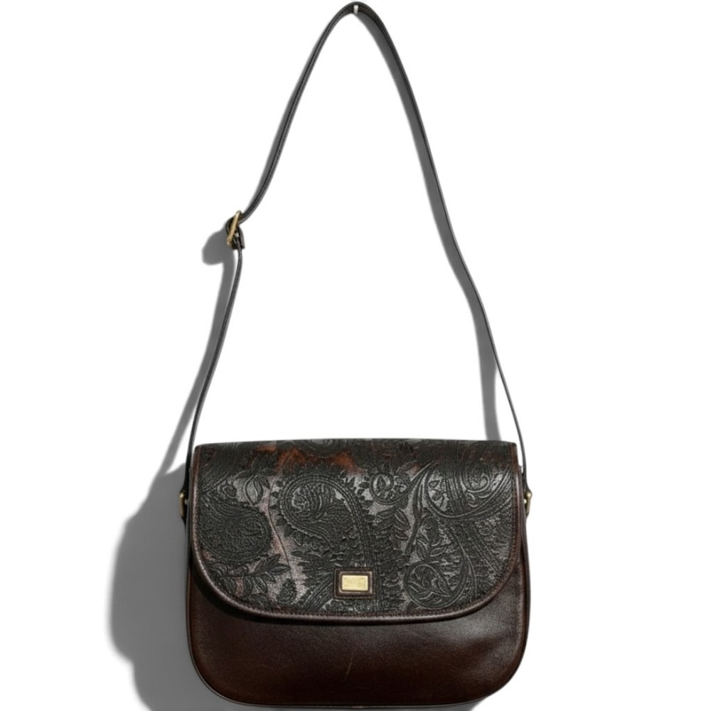 LAND Vintage Embossed Leather Crossbody Bag Chocolate Brown Paisley Boho